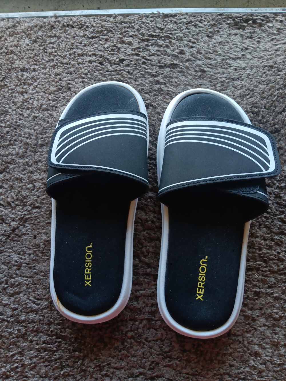 Xersion Black and White Slide Sandals with Striped Strap